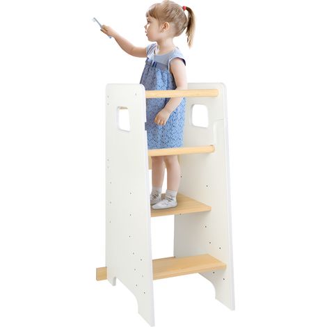 Hofuton Tour d'observation et d'apprentissage en Bois Naturel Montessori - 3 Niveaux Réglables - Pieds Anti Bascule et Antidérapants - Double Barres de Sécurité - Blanc (1/5)