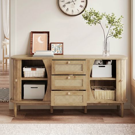 Buffet, commode en rotin, commode à portes coulissantes, étagères réglables et plateau arrondi. (1/4)