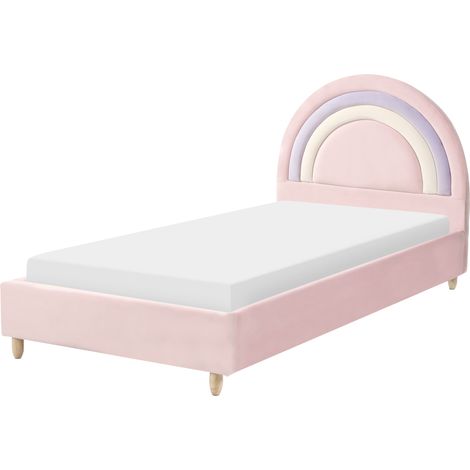Cama con somier moderna tapizado de terciopelo infantil somier de láminas rosa 90 x 200 cm Landeillau