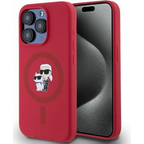 Coque rigide en silicone rouge/rouge pour iPhone 15 Pro 6,1 pouces, motif Karl Lagerfeld et Choupette, avec anneau MagSafe. (1/4)