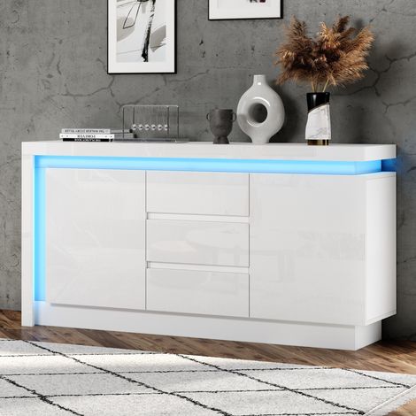 Weiße Kommode 140 x 35 x 72 cm, 2 Türen, 3 Schubladen, LED, verstellbare Einlegeböden HAVRYA (1/5)