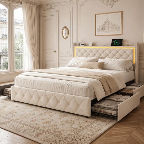 Lit adulte 140x200 cm avec 4 tiroirs, tête de lit avec rangement, Lit moderne avec ports de charge USB Type-C et LED RGB, Tissu velours, Beige (1/5)