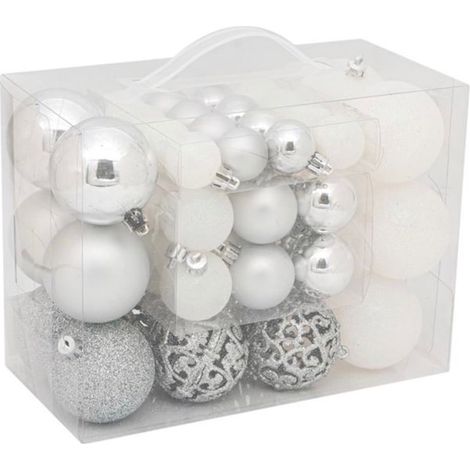 Lot de 50 boules de Noël blanches, grises, brillantes, mates, à paillettes et à motifs, 3 tailles différentes, ATS, pour le sapin de Noël (1/4)