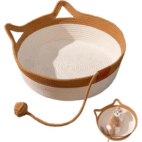 Lit pour Chat en Coton Tissé à la Main avec Queue de Jouet, Panier Pliable Respirant à Rayures (S)