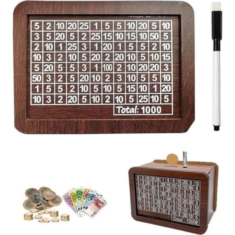 Money Box with Counter for 1000 Euros, Removable Wooden Marking – Reusable Cash Box with Tick Marker (1/4)