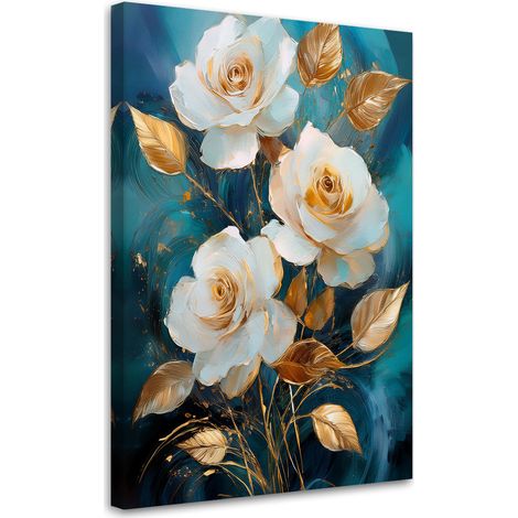 Quadro su tela, Fiori rosa bianchi e oro su sfondo blu - 40x60 (1/3)