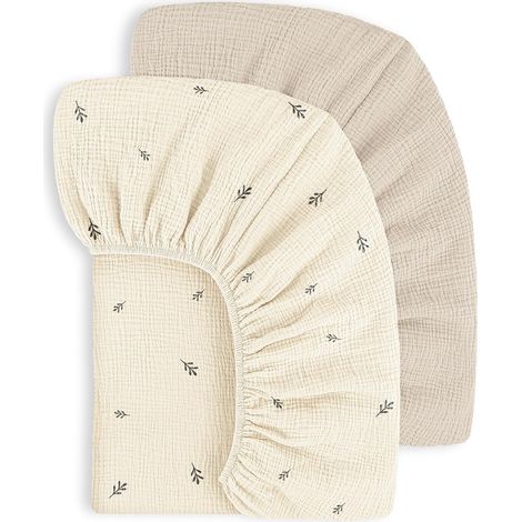 Set of 2 Fitted Sheets for Children, 100% Cotton Muslin Bed Sheets for Baby Bed Fitted Sheet for Travel Cot, Extra Sheets 60 x 120 cm (Beige Leaf) (1/5)