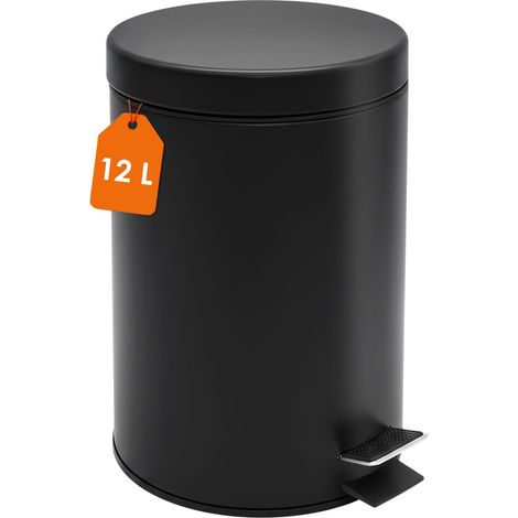 Edelstahl Tretmülleimer rund schwarz matt 39 x 25 cm mit Deckel - 12 L - Metall Mülleimer mit Fußpedal und entnehmbarem Inneneimer