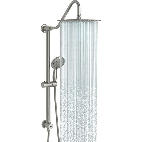 Geworzi Ensemble colonne de douche avec vanne de dérivation 3 fonctions, double pommeau pommeau de pluie rotatif 360° et douchette à main 5 jets, colonne réglable en hauteur, Argent