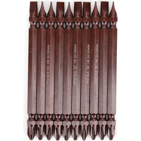 Set de 10 embouts de tournevis double face, accessoire magnétique en acier S2, tige H6.3 x 100mm, embouts PH2/SL6, outil à main. (1/5)