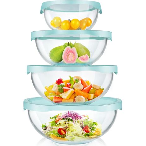 Lot de 4 Bols en Verre Borosilicaté avec Couvercles, 0.5L à 3.5L, Empilables, Micro-ondes, Lave-vaisselle, Cuisine (1/5)