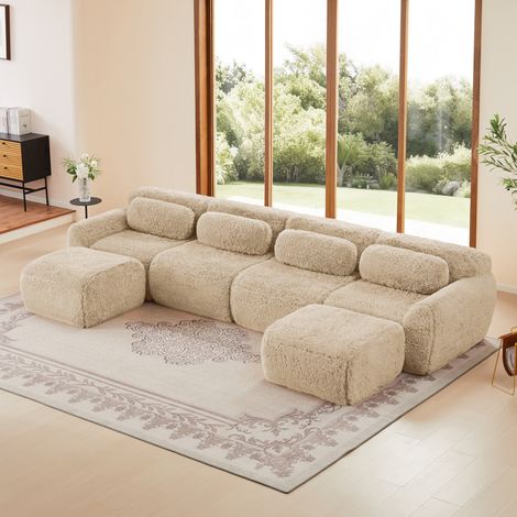 Canapé panoramique en U 378x179x73 cm – Canapé modulable en peluche respirante, avec larges accoudoirs, mousse haute résilience – Beige