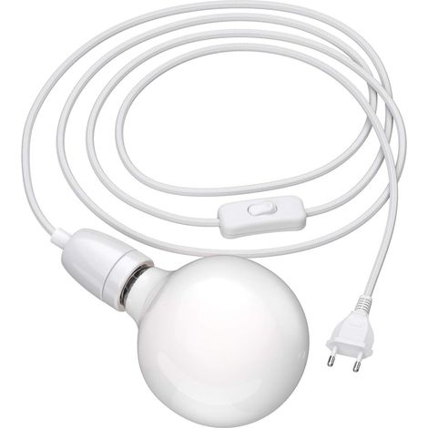 1 Câble textile, Interrupteur bascule, Douille E27 porcelaine, Blanc, 3 m, Ampoule LED 550lm, Intérieur