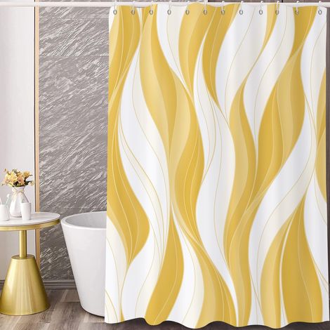 Rideau de douche, 90 x 180 cm, moderne, abstrait, jaune, blanc, ombre, rayé, art minimaliste, tissu imperméable, lavable en machine, avec crochets (1/5)