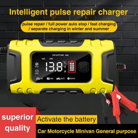 12 V 24 V 10 A JauneChargeur de batterie 12V/24V 10A, chargeur de batterie de voiture/moto 12V, compatible avec les batteries au plomb-acide