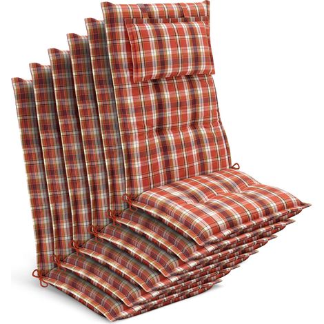 6x Gartenstuhlauflage Hochlehner 120x50x7cm, Orange-Rot-Grün-Kariert