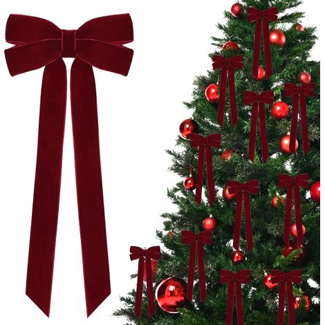 12 Noeuds en ruban de velours bordeaux, décorations de sapin de Noël, 5 pouces x 10 pouces, ornements de Noël pour sapin, maison, fête, porte d'entrée, couronne, guirlande, décoration festive (1/4)