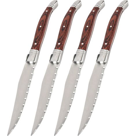 Ensemble de 4 couteaux à steak, noirs, à triple rivet, en acier inoxydable à lame fine et tranchante. Idéal pour la cuisine, le camping et les restaurants. Compatible lave-vaisselle. (1/5)