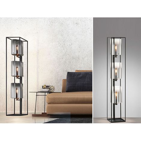 Stehlampe 3-flammig Schwarz mit Rauchglas & LED dimmbar, Höhe 130cm (1/5)