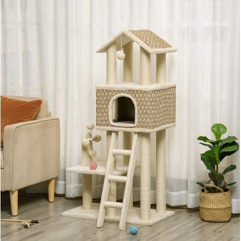 Árbol rascador para gatos 131 cm con cueva, postes de sisal y pelotas OKMYHOME (1/5)