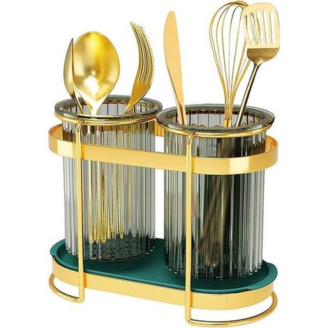 Besteckständer, Besteckhalter Küchenutensilienhalter, Besteckkasten, Utensilienhalter mit 2 Tassen-Trockenbehälter und Abtropfschale, Gold, KINSI (1/5)