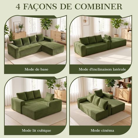 Canapé d'angle en nuage avec méridienne en L, sofa modulable moderne à assise profonde, canapé rembourré méridienne droite pour salon chambre, sans montage, vert (tissu velours côtelé moelleux) (1/5)