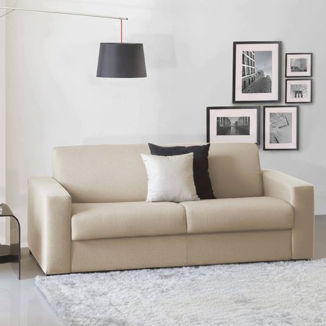 Dmora - Canapé Dabakah, Canapé 3 places, 100% Made in Italy, Canapé de salon à ouverture pivotante, en tissu matelassé, avec accoudoirs fins, Cm 200x95h90, Beige (1/5)