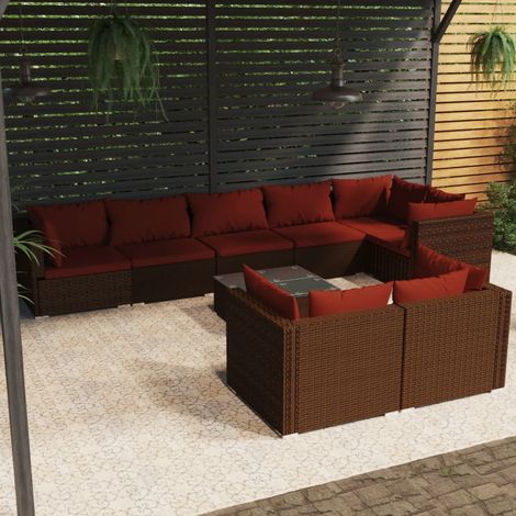 9-tlg. Garten-Lounge-Set mit Kissen Braun Poly Rattan (1/5)