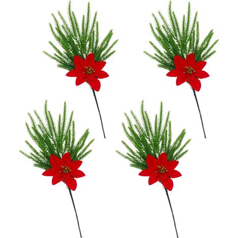 Lot De 4 Brindilles Artificielles De Sapin Norfolk Et Buisson D'Étoile Avec Fleurs De Pointsettia Vert Clair Et Rouge, Décoration Noëlle (1/3)