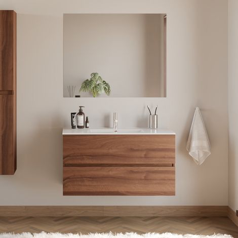 Meuble de salle de bain 90cm simple vasque - 2 tiroirs - noyer (bois foncé) - IDA (1/5)