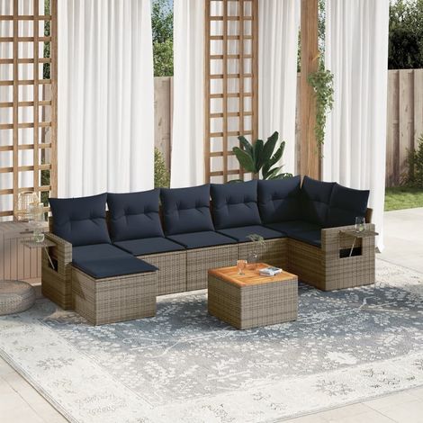 Salon de jardin modulaire 8 pcs en résine tressée grise et coussins bleu marine - PANGIVO (1/5)