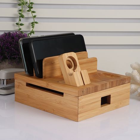 Étagère de rangement et de tri multi-compartiments pour appareils électroniques numériques, séparateur en bambou, support de chargement pour téléphone portable et iPad (1/5)