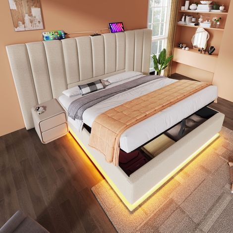 Cama matrimonial acolchada 180 x 200 con LED y carga USB-C, lino, beige, sin cabecera (1/5)