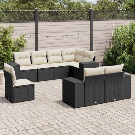 Ensemble salon jardin 8 places résine tressée noir avec coussins crème - Canapé d'angle, central et accoudoirs, modulable, housses lavables (1/5)