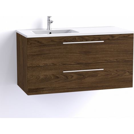 Sanitaire – Meuble de salle de bain suspendu 100 cm Héritage Chêne – 2 tiroirs avec ralentisseurs – Plan vasque céramique à gauche – Passage siphon décentré (1/5)