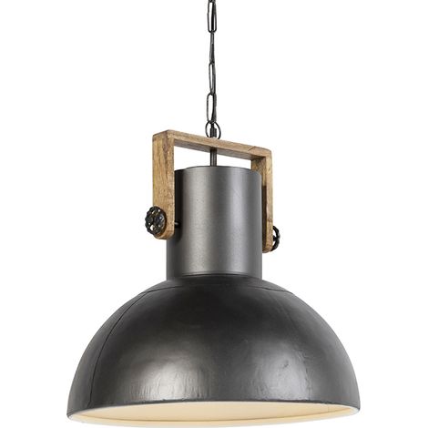 QAZQA Industrial Pendant Light Dark Grey with Mango Wood - (1/5)