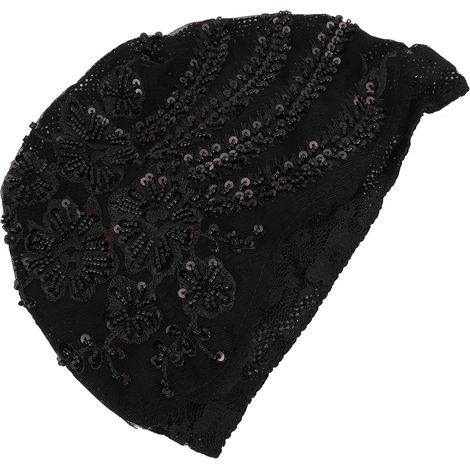 Chapeau en dentelle florale pour femme, bandeau, bonnet, foulard musulman pour les activités quotidiennes ou la chimiothérapie, noir à fleurs noires (1/5)