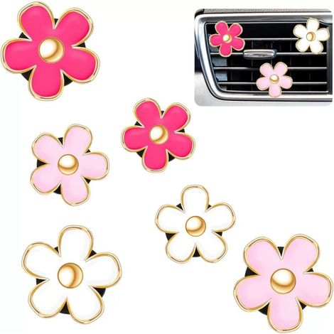 Set di 6 clip per bocchette dell'aria a forma di margherita, accessori per aria condizionata, deodorante per cruscotto, decorazione per interni auto (3 cm, 3,3 cm, rosso, rosa, (1/4)