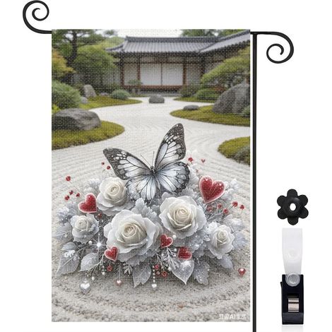 Drapeau de jardin floral 30 x 45 cm motif papillon et roses toile double face pour extérieur (1/5)