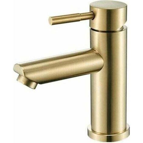 Robinet de lavabo moderne en laiton brossé or, robinet pour salle de bain avec mitigeur céramique, eau chaude et froide, design élégant pour vasque (1/5)