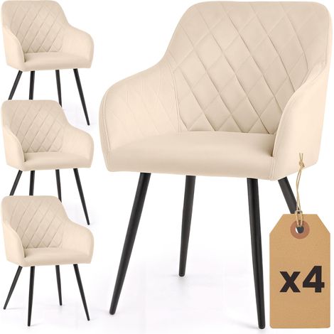 Lot de 4 Chaises en velours matelassées en losanges VELTO Beige pieds noirs (1/5)