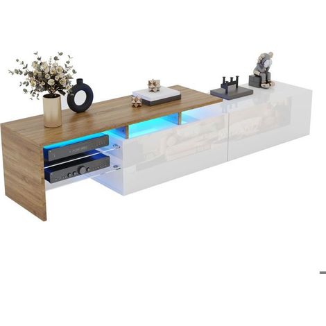 Meuble TV - SOGEU - Éclairage LED 16 couleurs - Blanc et bois - Étagères en verre - Rangement pratique (1/5)