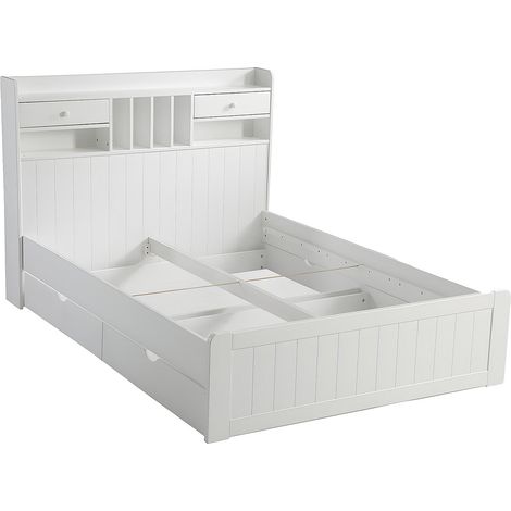 Vente-Unique – Lit avec tiroirs 140 x 190 cm – Blanc laqué – 2 tiroirs coulissants – Tête de lit avec étagères – Charge max 200 kg