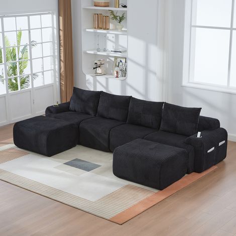 Sofa aus Cordstoff in Schwarz, modularer 4-Sitzer, 333x174x80 cm, mit Cupholder und Seitentasche (1/5)