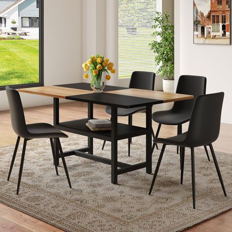 Set da pranzo MDF e metallo marrone/nero 4 posti con 4 sedie in PU e ripiano portaoggetti salvaspazio (1/5)