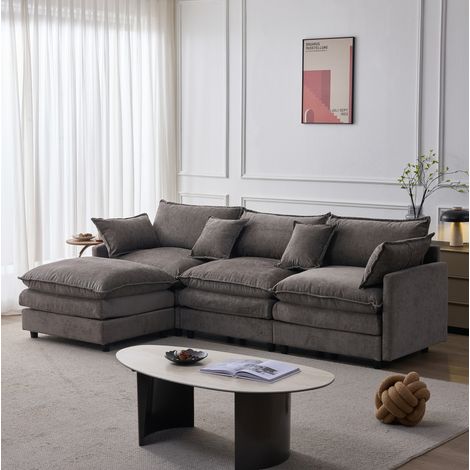 Ecksofa 3-Sitzer mit Hocker, Chenille Grau, modular, L-Form, abziehbare Bezüge (1/5)