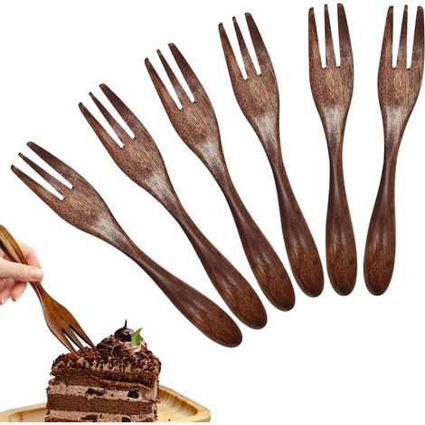 Fourchette en bois pour les enfants, 6 fourchettes à gâteau à trois dents, fourchette à dessert pour la cuisine, le Bureau et le camping (1/5)