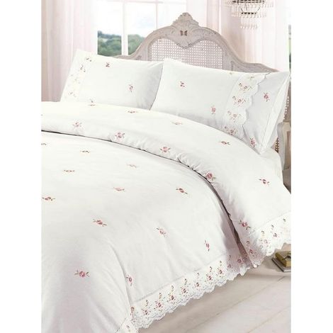 Parure de lit brodée 2 pièces avec housse de couette en Polycoton motif floral pour lit simple crème (1/5)