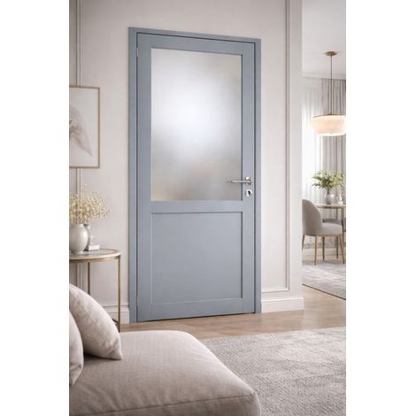 Bloc Puerta Athena Gris Claro Vitrificada H204 x L73 cm, Costado Tabla P. derecha, manilla Pomerol GD MENUISERIES