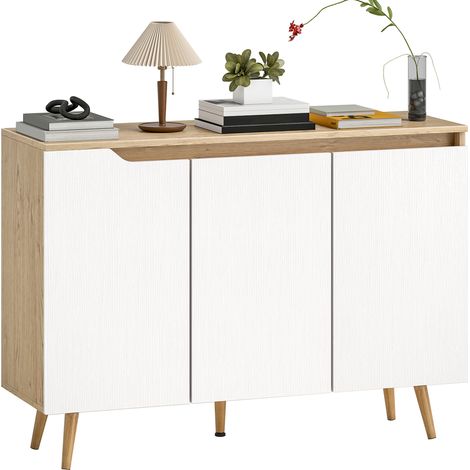 Credenza Moderna a 3 Ante con 3 Ripiani Regolabili e 5 Gambe in Legno, 107x35x76.5 cm, Bianco e Rovere